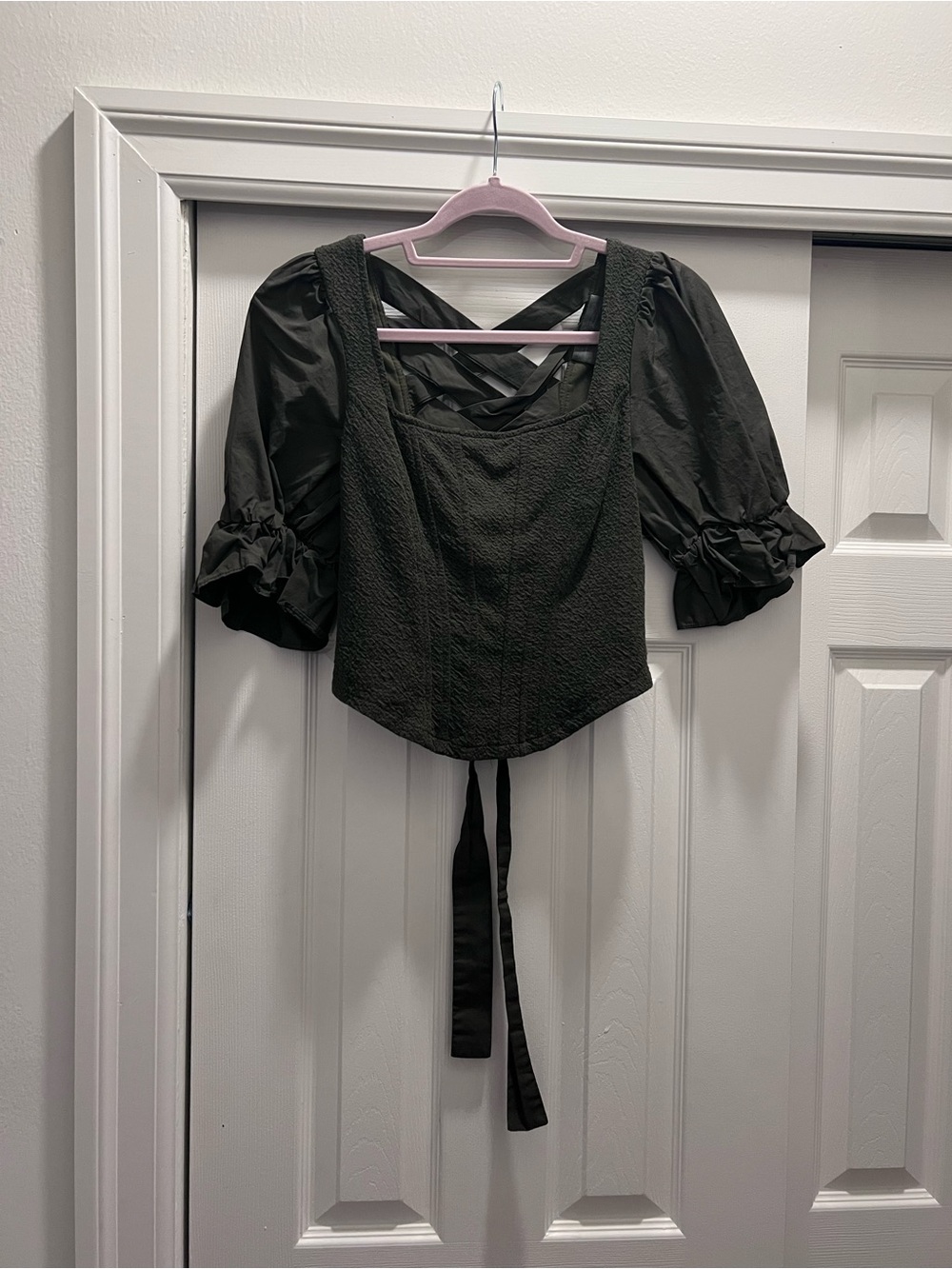 Anthropologie Black Puff-Sleeve Crop Top with Crisscross Back Straps